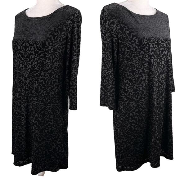 Adrienne Vittadini Dress Black Large Embossed Velvet 3/4 Sleeves Back Zip - Picture 2 of 14